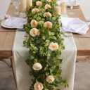 PARTY JOY 2pcs 6.56ft Eucalyptus Garland with Flowers-8 Champagne Roses-Lush,Natural Looking, Floral Garland Greenery Garland for Party Wedding Table Indoor Outdoor Backdrop Wall DecorChampagne