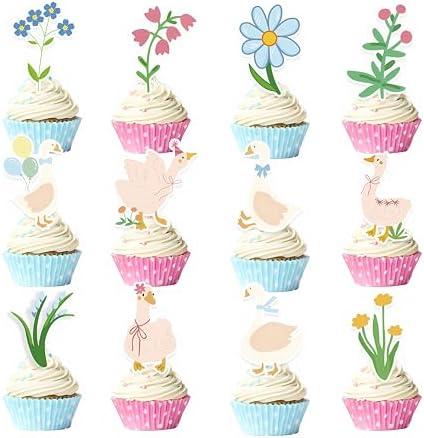 36Pcs Silly Goose Cupcake Toppers Birthday White Goose Baby Shower Theme Kids Baby Boy Girl Decorations Party Supplies for Baby Boy Girl Cake Decorations Birthday Party Supplies, Set of 2