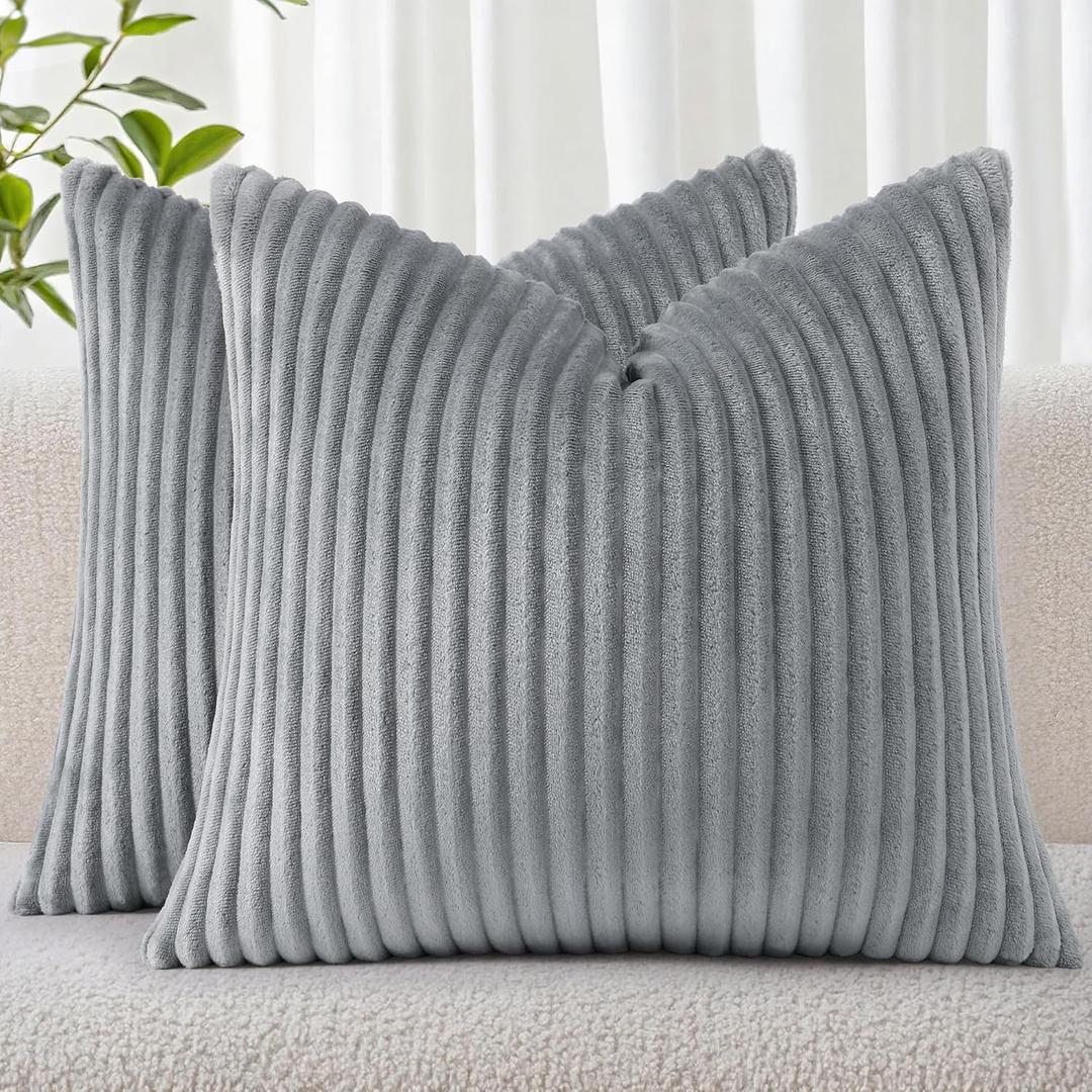 Simmore Decorative Spring Throw Pillow Covers 18x18 Set of 2, Soft Natural Plush Flannel Double-Sided Fluffy Couch Pillow Covers for Sofa Living Room, Grey