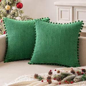 MIULEE Christmas Boho Decorative Throw Pillow Covers with Pom-poms, Soft Corduroy Square Solid Lumbar Cushion Cases for Couch Sofa Bedroom, 18x18 inch Green (18" x 18" (Pack of 2))