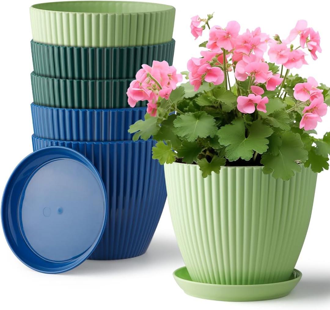 RooTrimmer Plastic Plant Pots, 6 Pack 7.5 Inch Flower Pots with Drainage Holes and Saucer, Planters for Indoor Outdoor Plants, Stylish Decor for Home and Garden(Blue, Green, Dark Green)