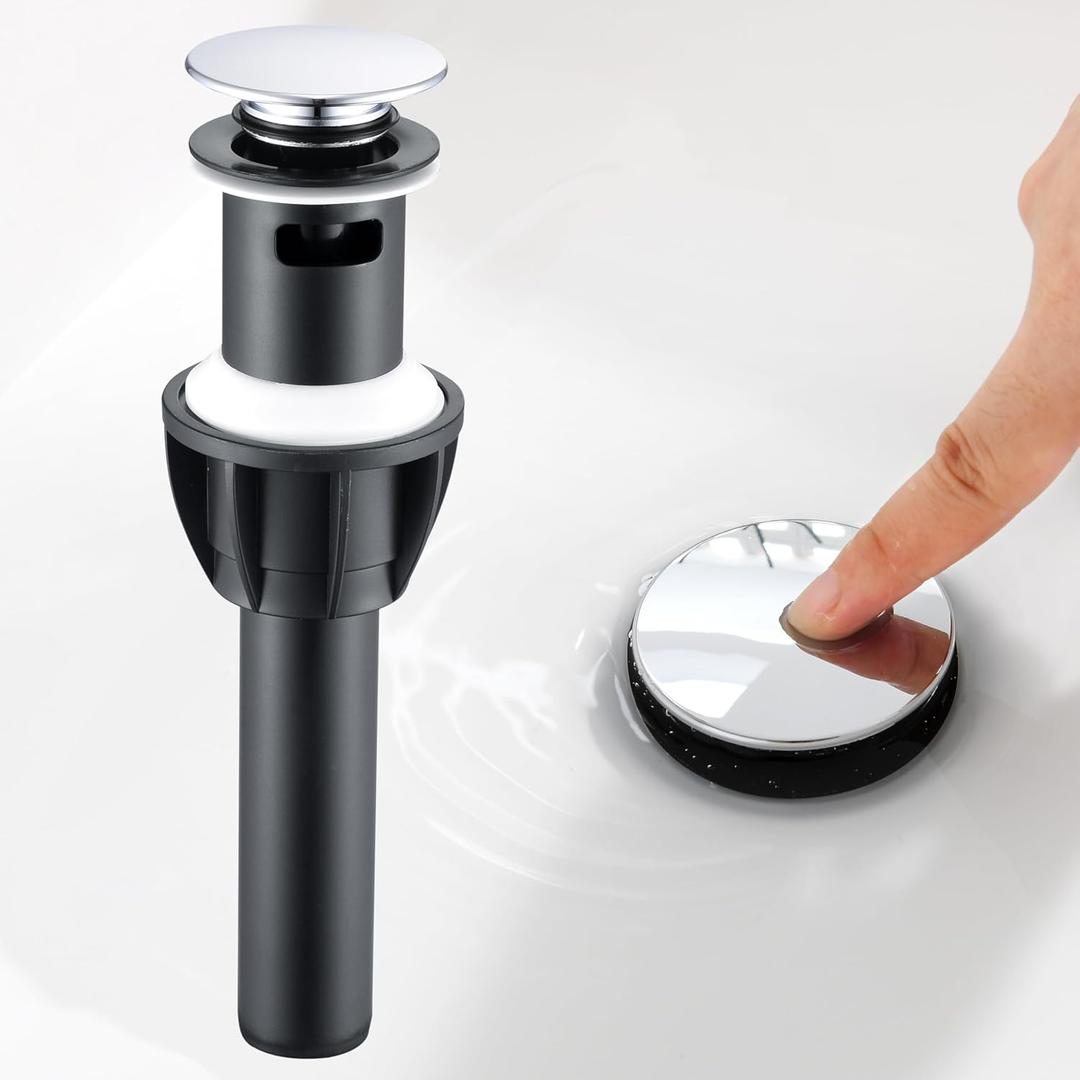 TIORIY Chrome Pop Up Bathroom Sink Drain, with Overflow Plastic Bathroom Sink Stopper for Faucet Vessel, Push Type Bathroom Sink Vanity Assembly with Strainer