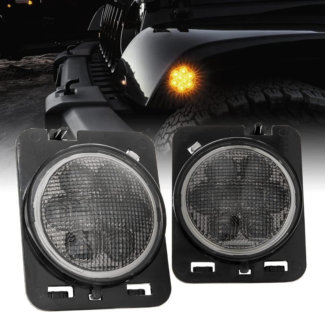 TRUE MODS Front LED Turn Signal & Side Marker Light Replacement for Jeep Wrangler [Smoked Lens] [Amber] LED Light Kit Compatible with 2007-2018 Jeep Wrangler JK (07-18) & Unlimited JKU Accessories