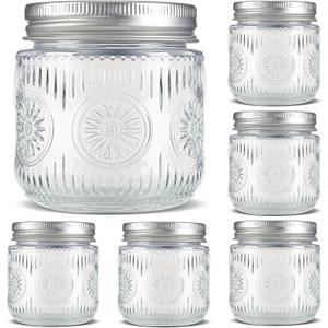 Mason Jars 8 oz - Vintage Small Glass Mason Jars with Silver Metal Lids, Regular Mouth Canning Jars, Safe For Storage, Canning, Pickling, Preserving, Fermenting, DIY Crafts & Decor (6Pack)