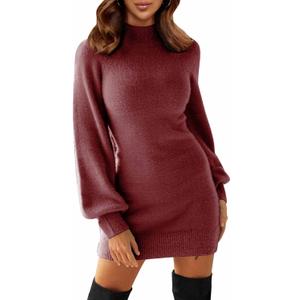 EXLURA Women's 2026 Mock Neck Ribbed Long Sleeve Bodycon Pullover Cute Mini Sweater Dress Vacation Outfits Winter Clothes, Size M