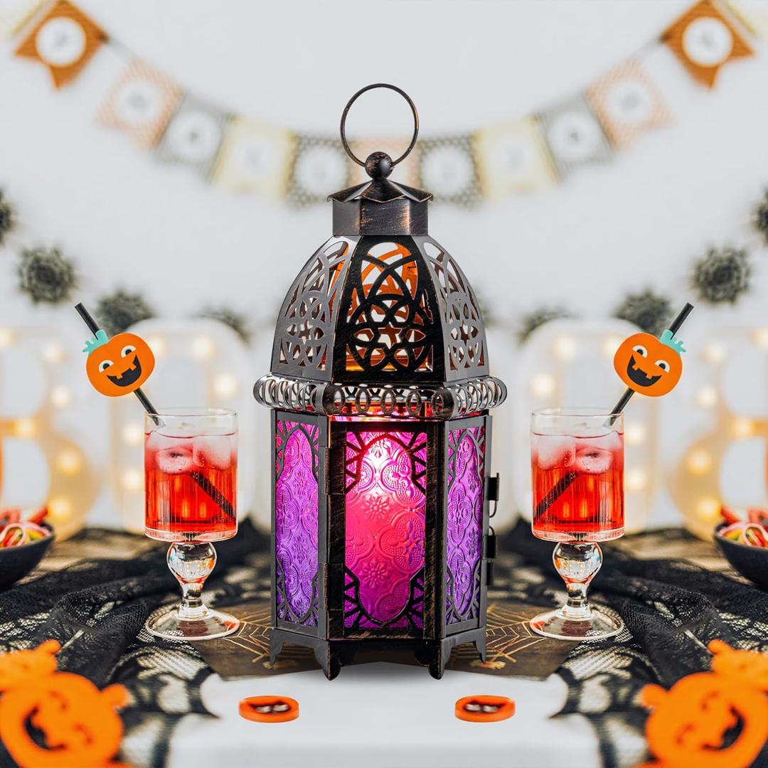 DECORKEY Halloween Decorations Indoor, Purple Decorative Candle Lantern for Moroccan Light Decor, 12.8 Vintage Metal Hanging&Tabletop Lantern, Ramadan Lantern for Home Outdoor Patio(Purple) (Large)