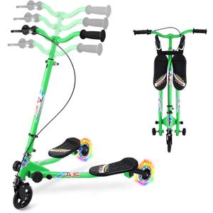 Swing Scooter for Kids, 3 Wheels Foldable Wiggle Kick Scooter Push Drifting with 4 Adjustable Handlebar & 2 Rear LED Wheel for Boys and Girls Ages 3-8 (Green)