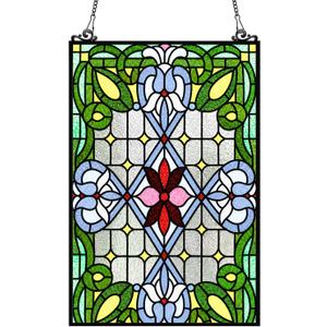 Sosation 25" x 18" Stained Glass Window Panel, Decorative Stained Glass Window Hangings, Hanging Transom with Chain, Vintage Art Handcrafts for Living Room, Kitchen, Cafe, Home Decor (Blue Floral)