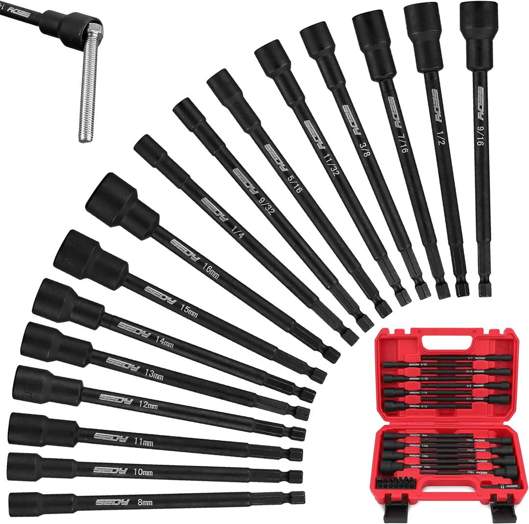Nut Driver Impact Bit Set - 33-Piece Magnetic Socket Impact Drill Bit Tool Sets Extra Long Hex Nut Setter Driver Holder - Metric SAE Screwdriver Bits 1/4 Drive Shank Adapter Extension