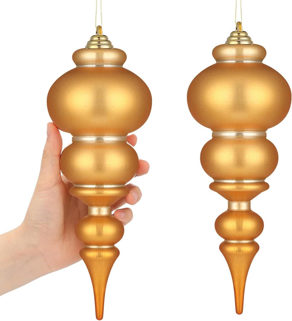 Soulchen 2 Pcs 12" Large Christmas Finial Drop Ornaments Giant Shatterproof Plastic Christmas Ball Ornaments Xmas Tree Topper Hanging Decorations for Holiday Xmas Decor(Antique Gold Matte)