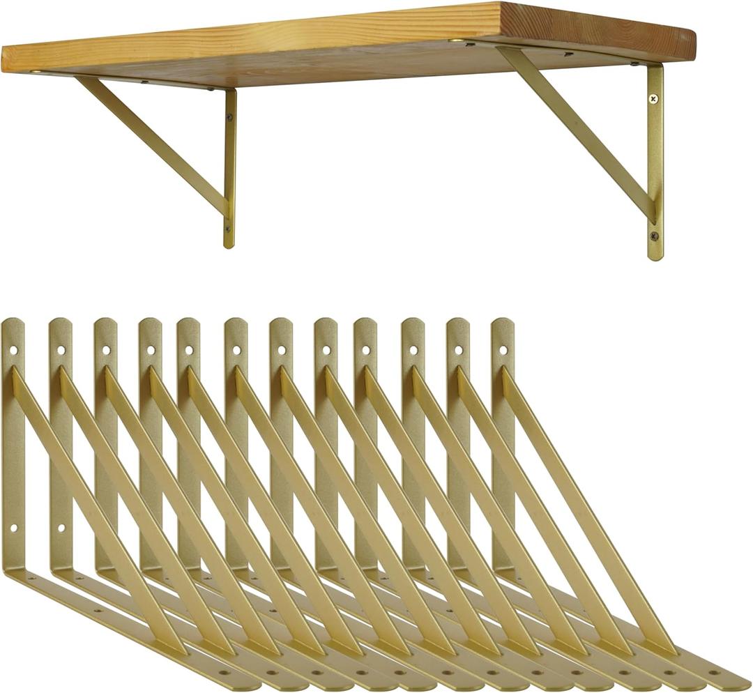 EZYDECOR Shelf Brackets Gold Brackets for Shelves 8 Inch Metal Wall Mounted Shelf Support Triangle Brackets for Floating Shelving with Screws (12 Pack)