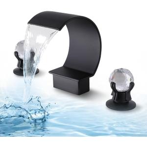 Waterfall Bathroom Faucet 3 Hole Widespread, 8-Inch High Arc Bathroom Sink Faucet with Supply Hoses, Dual Crystal Handles Vanity Mixer Tap, Modern Matte Black Faucet for Lavatory/Vanity