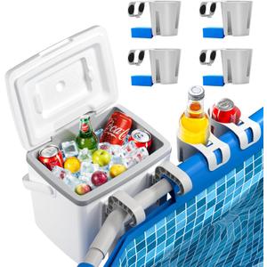 14QT Pool Cooler, with 4 Pool Cup Drink Holders, Insulated Hard Cooler with Handle, Keeps Cold for up to 3 Days, Above Ground Pool Accessories Storage, Portable Poolside Beach Camping Cooler