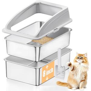 23.6"x15.7"x13.78" Stainless Steel Sifting Litter Box with Lid, XL Sifting Design for Pine Pellets, High Sides Metal Litter Box for Big Cats 7.9in Deep, Easy-to-Clean, Non-Stick