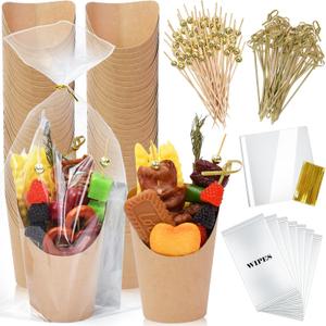 Artcome 60-Piece 14oz Kraft Charcuterie Cups Set with Treat Bags, Bamboo Skewers & Wet Wipes – Disposable Snack Holders for Parties, Events & BBQs