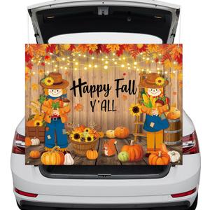 Halloween Trunk or Treat Car Decorations Kit - Happy Fall Y'all Backdrop for SUV, Autumn Pumpkin Maple Banner for Archway Garage Door, Scarecrow Decoration Kit for Fall Party Decor