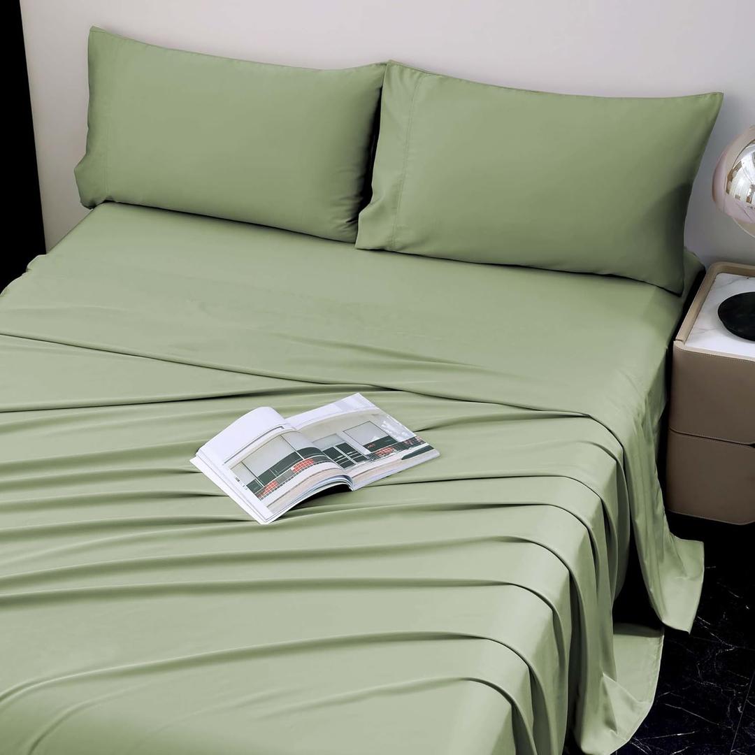 Viviland Cooling Twin Sheets, Bamboo Viscose with Elastic Corner Straps, Sage Green Cold Siky Sheet & Pillowcase Sets for Hot Sleepers