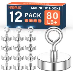 FINDMAG Magnetic Hooks for Cruise Cabins, 80lbs Magnets Heavy Duty with Hook, Magnetic Towel Holder for Refrigerator, Magnets Eyelet Hanger for Hanging, Travel Essentials, 12 Pack (Sliver)