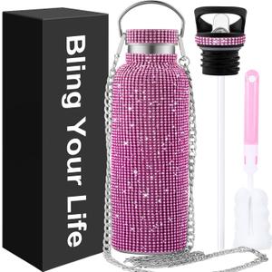 Bling Water Bottle Rhinestone,Diamond Water Bottle,glitter Cup pink,bling gifts for women,Bling Tumblers with 2 Style lids and 55in Chain (Pink)