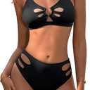 Blooming Jelly Womens Cut Out Bikini Sets 2 Piece Swimsuit High Cut Bathing Suit Sexy V Neck Metal Ring Two Piece Swimwear (Medium, Black)