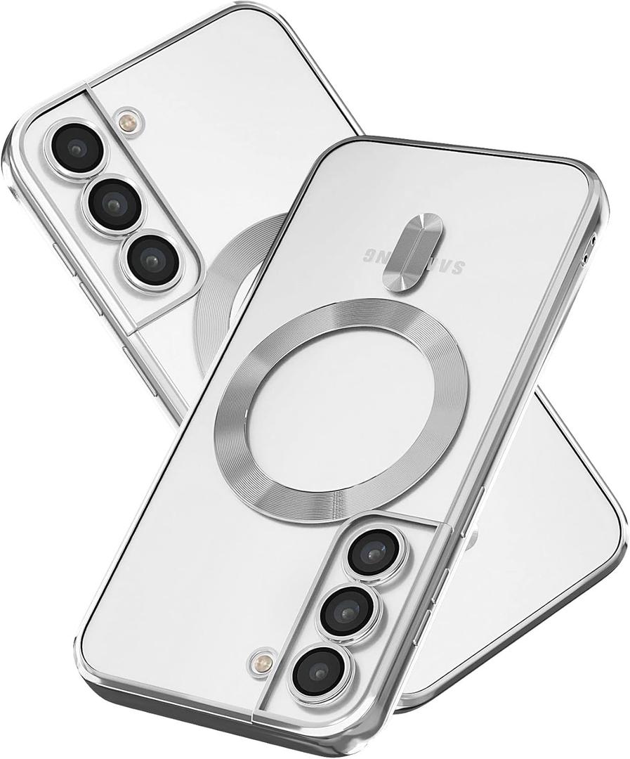 Magnetic for Samsung Galaxy S21 Case,Electroplated Edge Clear Back Slim Protective Phone Case with Camera Protection,Compatible with MagSafe,Silver Edge