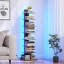TUTOTAK Narrow Bookshelf, 8-Tier Bookcase with LED Lights, Spine Book Shelf for Small Space, Corner Standing Shelf for Living Room, Office, Study, Entryway, Rustic Brown BS06BB008L