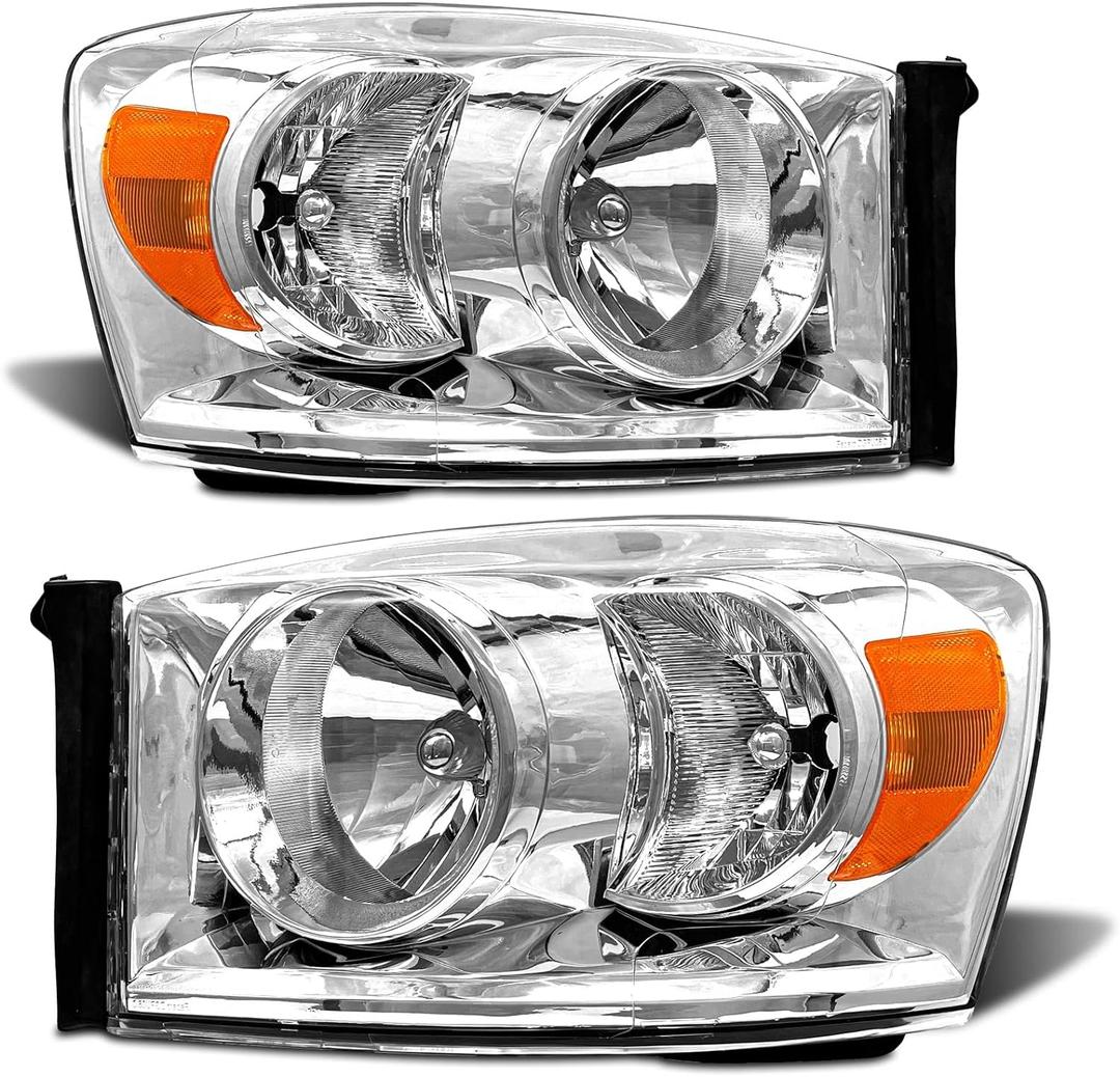 Headlight Assembly Pair for 2006-2008 Dodge Ram 1500 2006-2009 Dodge Ram 2500 3500 Clear Lens Chrome Housing Amber Reflector Left Right W/O Bulbs