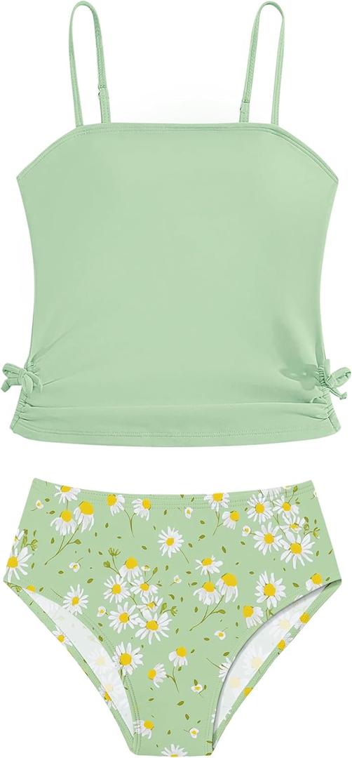 Girls Tankini Swimsuits Two Piece Bathing Suit Drawstring Swimwear Set for Girls 13-14 Years (Green-Daisy)