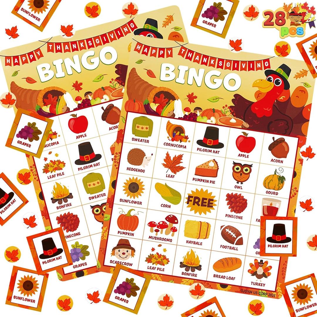 JOYIN 28 Players Thanksgiving Bingo Game Cards (5x5) for Kids Family Activities, Party Card, School Classroom Games, Turkey Party Favors Supplies