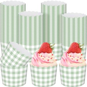 Vesici 150 Pcs Sage Green Gingham Party Supplies Ice Cream Cups Scalloped Gingham Cupcake Cups Paper Cupcake Wrappers Muffin Cases for Birthday Wedding Bridal Shower Tea Party Supplies