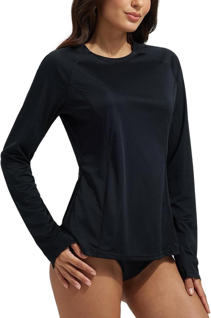 baleaf Rash Guard for Women Swim Shirts UPF 50+ UV Sun Protection Long Sleeve Swimsuit Top Zipper Pocket Thumbhole (Black, M)