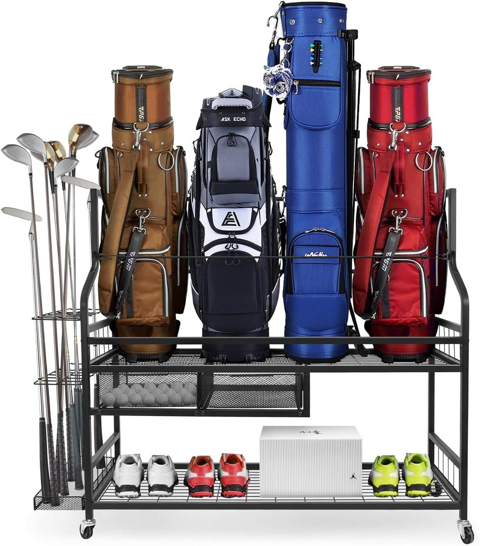 Techlnovat Golf Storage Garage Organizer, Extra Large Size Golf Bag Organizer and Storage Rack Stand Holds 4 Golf Organizer for Garage,Shed, Basement