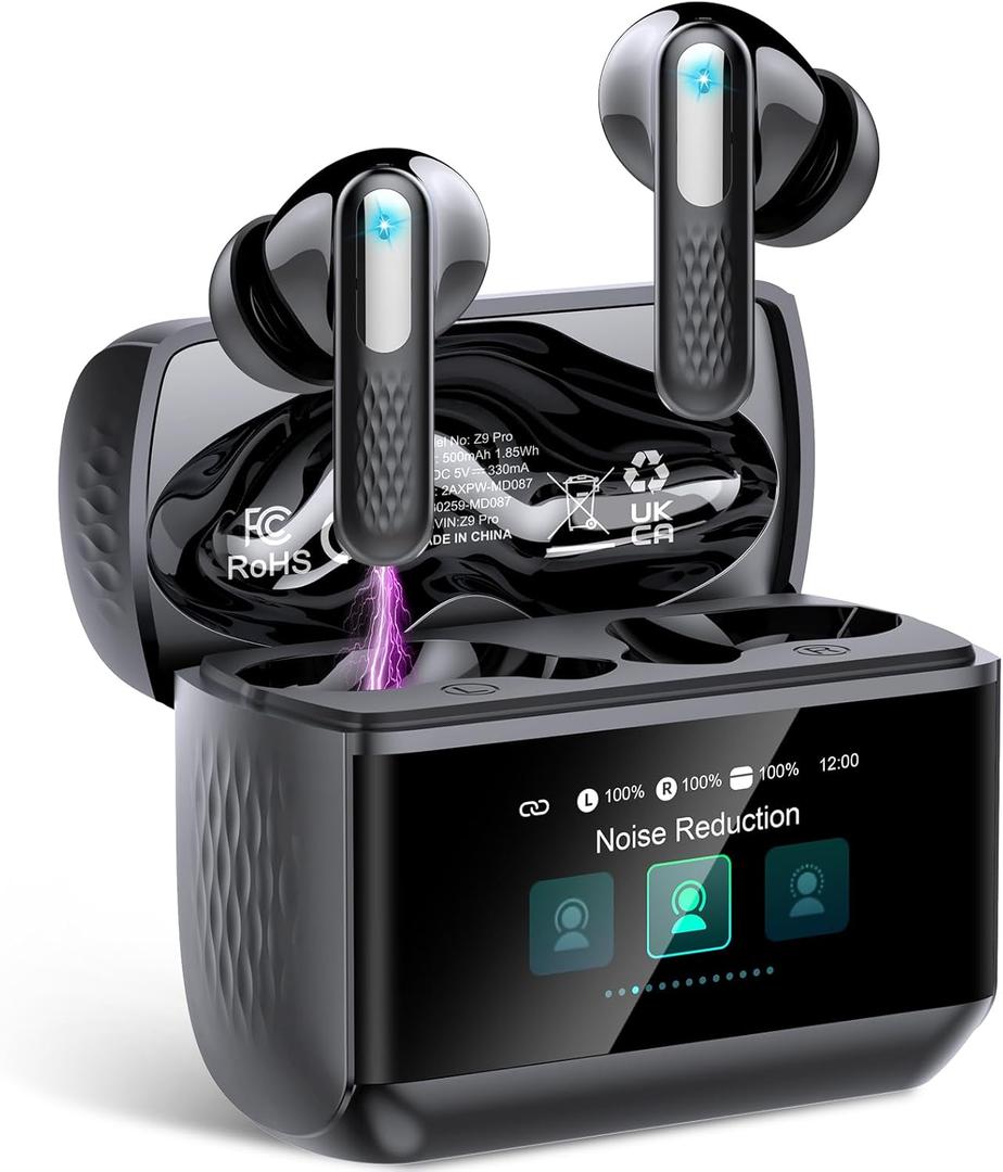 Wireless Earbuds with Touch Screen, Bluetooth 5.4 Headphones, ANC/ENC Noise Cancelling, 48H HiFi Stereo Bluetooth Ear Buds with 5 EQ Modes, Transparency Mode, IPX7 Earphones, Black