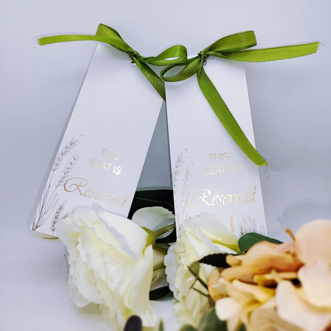 2 x 25 Pcs 2.36 x 5.51 Inch Reserved Signs for Wedding and Restaurant Tables | Elegant Seating Signs "This Seat Is Reserved" Gold Foil Printed Cards with Ribbon for Wedding Event