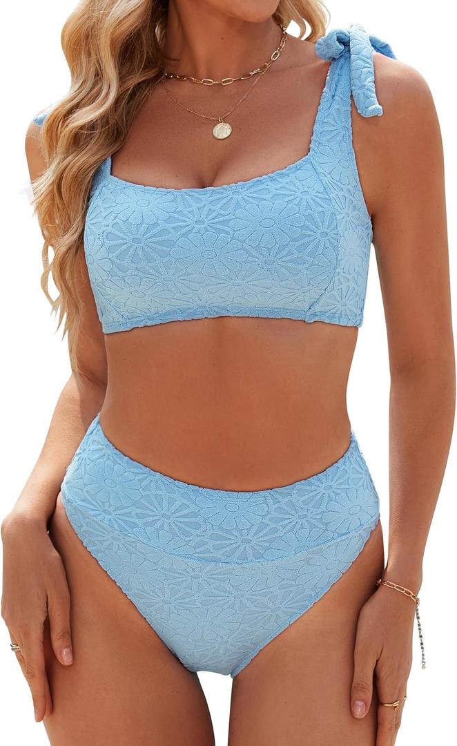 Blooming Jelly Womens High Waisted Bikini Set Tie Strap Jacquard Terry Cloth 2 Piece Swimsuit Modest Cute Retro Bathing Suit (Large, Sky Blue)