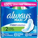 Always Maxi Feminine Pads with Wings for Women, Size 2, Long Super Absorbency, Unscented 42 Count