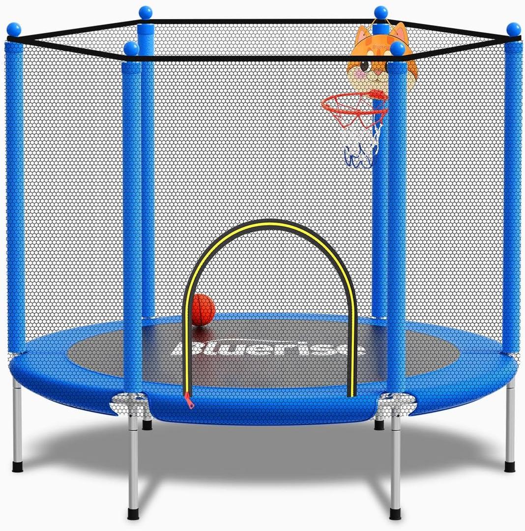 55'' Indoor&Outdoor with Enclosure Trampoline for Kids Gifts 4.5FT，6FT，Indoor&Outdoor Trampoline Gift for kids，With Enclosure，Basketball Hoop，Swing，Adjustable Gym Bar，No-Gap Design