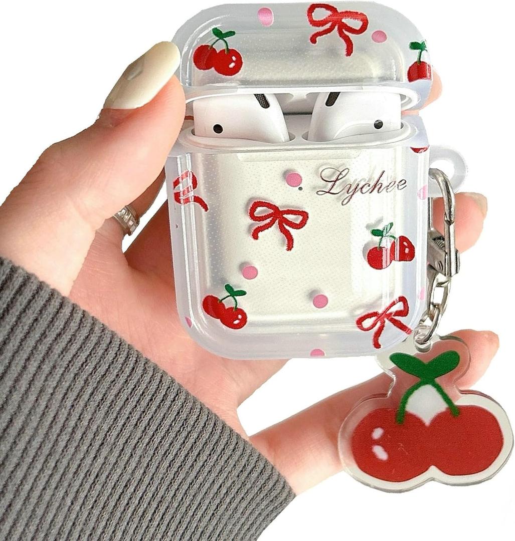 JANDM for AirPods Case with Cherry Keychain,Shockproof Lovely Clear Cute Bowknot Design Case with Keychain for AirPods 2nd/1st