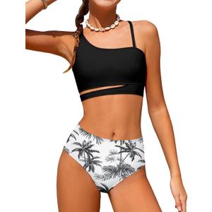 Queenstyle Girls Swimsuits Bikini Set Kids Cutout Bathing Suit Bikini Top Two Piece Girls' Swimwear (13-14 Years, Black)