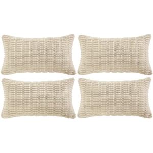 Fancy Homi 4 Packs Boho Cream Decorative Throw Pillow Covers 12x20 Inch for Living Room Couch Bed Sofa, Rustic Modern Farmhouse Home Decor, Soft Plush Corduroy Beige Cute Square Cushion Case 30x50 cm