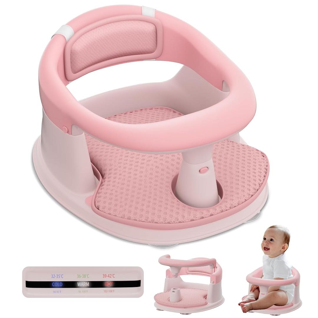 Baby Bath Seat-for Babies 6 Months & up with Temperature Alert+Soft Cushion+Suction, Toddler Bath Seat for Baby, Sitting Up with Baby Bathtub Seat, Pink