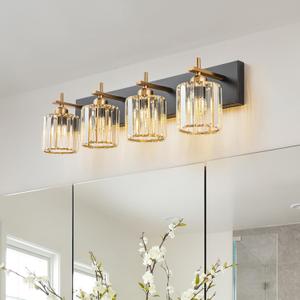 Black Gold Crystal Bathroom Vanity Light, Modern 4-Lights Bathroom Light Fixtures Over Mirror, Crystal Wall Lighting with Polished Gold Finish
