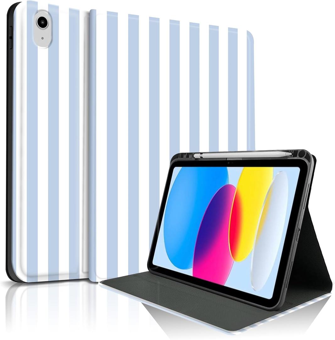 TopPerfekt Case for iPad 11th (A16) 11-inch 2025 / 10th Generation 10.9-inch 2022, Striped Cute Girly Collegiate Style Case with Pencil Holder for Kids, Boys, Girls, Anti-Slip, Anti-Shock - Blue