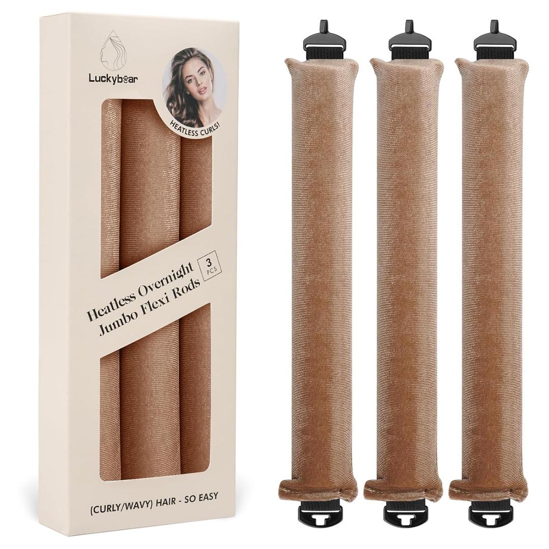 Overnight Heatless Hair Curler Blowout Rods Jumbo, Heatless Curls Satin Jumbo Flexi Rods to Sleep in,Soft Heatless Rod for All Hair Types,No Heat Overnight Sleeping Curls Styling Tools 3pcs Khaki