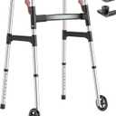 Walkers for Seniors, One-Hand Folding, 8 Height Adjustments, Walkers with Wheels, 2 Skis and 5" Wheels, Lightweight Walker for Seniors, Standard Walkers for Seniors, Aluminum Frame, Frosted Silver