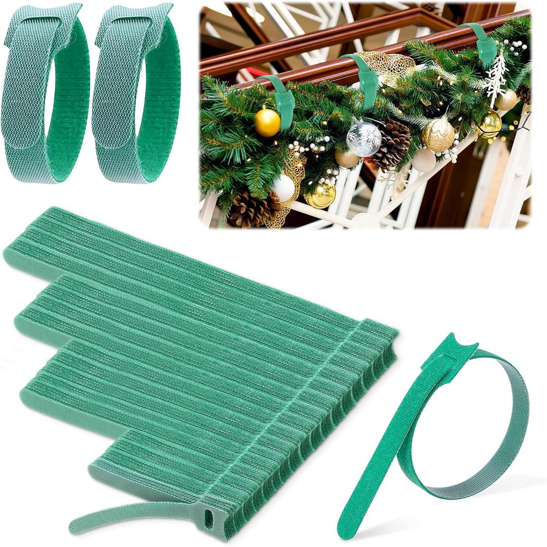 200 Pcs Christmas Garland Ties 12'',10'',8'',4' Nylon Garland Ties Reusable Garland Holders for Railing Adjustable Holiday Garland Ties Hook and Loop for Christmas Tree Wreath Stairways Railing(Green)