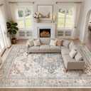 10x12 Area Rug Living Room: Washable Boho Large Neutral Vintage Soft Rugs Stain Resistant Distressed Farmhouse Non-Slip Indoor Floor Carpet for Bedroom Nursery Kids Office Dining Room- Beige Blue