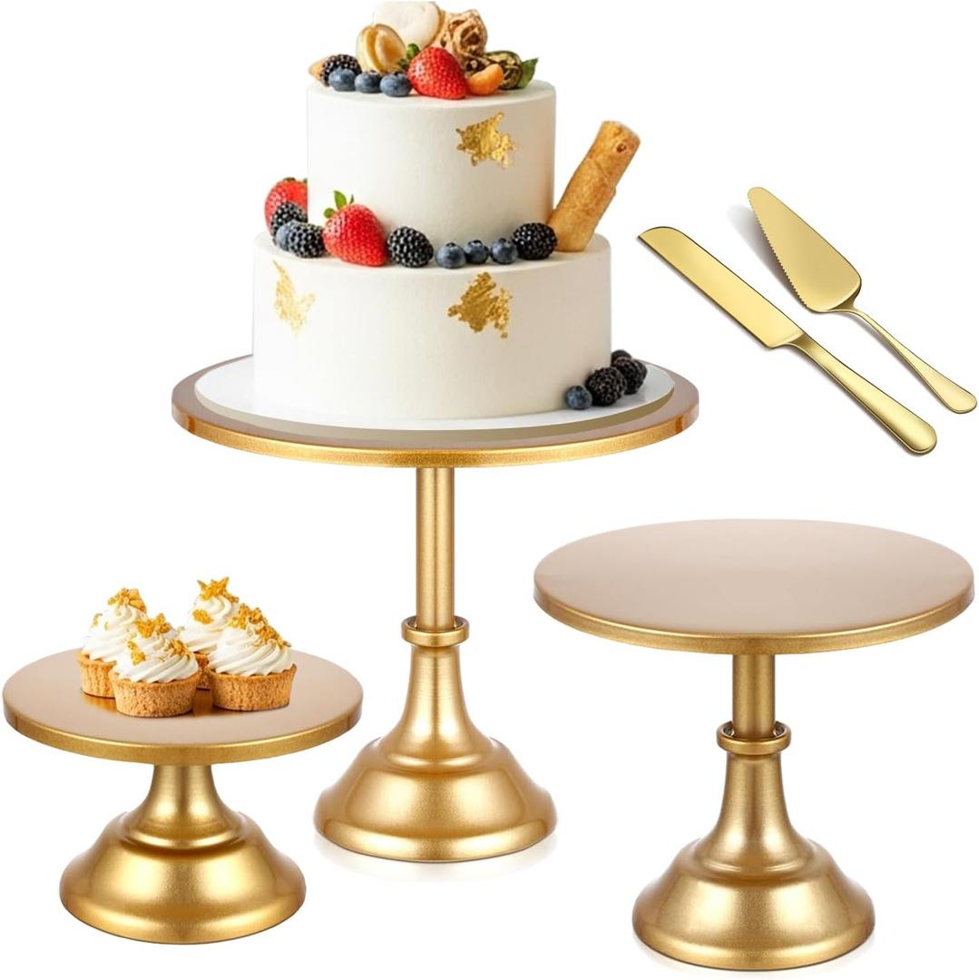 5 PCS Gold Cake Stand Set with Gold Pedestal Cake Stand and Cake Cutter Pie Spatula, Dessert Table Display Set for Wedding, Party, Birthday, Baby Shower, Event Bridal Celebration