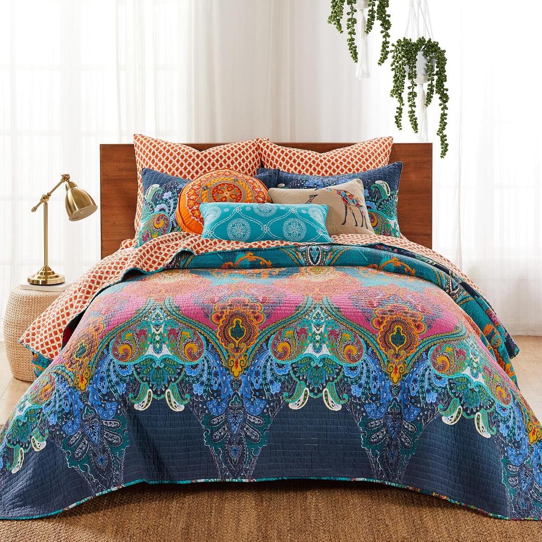 Levtex Home - Mackenzie Bedspread Set - Queen Bedspread and Two Standard Shams - Bohemian - Teal, Orange, Yellow, Green, Blue - Bedspread (110X106in.) and Shams (20x26in.) - Cotton