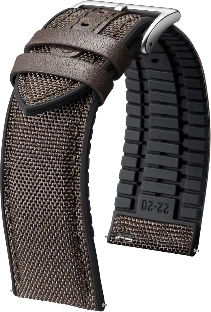 BINLUN Nylon Silicone Watch Bands 18mm 19mm 20mm 21mm 22mm Quick Release Canvas Rubber Hybrid Watch Strap Replacement Watchband for Men Women 9 Colors Silver/Black Buckle (Dark Brown-Silver)